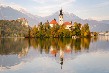 Bled lake with the church on the island in Slovenia