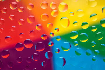 Water droplets on multicolored rainbow background