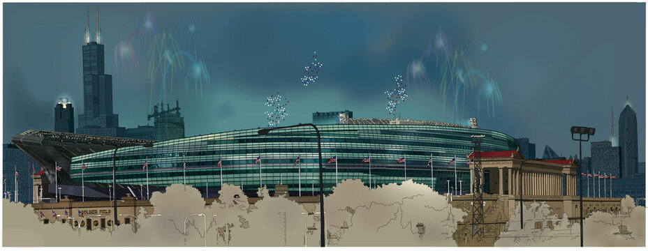 Multimedia (pen and ink + digital) painting of Chicago football field