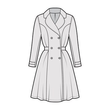 Dress coat trench technical fashion illustration with double breasted, long sleeve, fitted body, knee length semi-circular skirt. Flat apparel front, grey color style. Women, men unisex CAD mockup