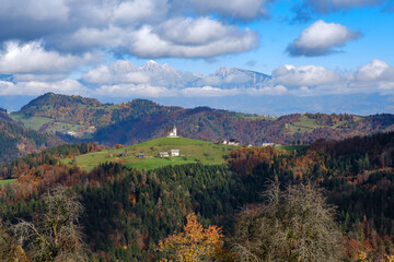 scenery, scenic, hill, beautiful, tree, blue, view, outdoor, green, travel, mountain, landscape, nature, wood, colors, clouds, sky, grass, hills, forest, autumn, skofja loka, slovenia, thomas, saint, 