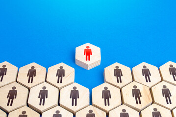 Red man comes out of structure of people. Integrity violation, non-conformist. Dismissal. Dismissal...