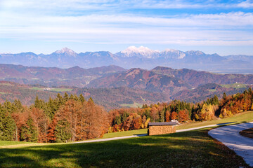 Fototapeta na wymiar Skofja Loka hills in autumn in Slovenia