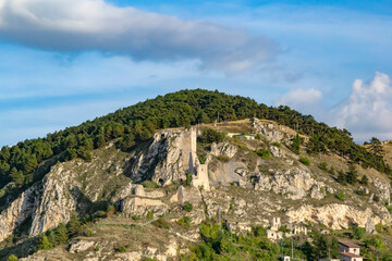 Ruins of an ancient castle under Appennines in Abruzzo, Italy