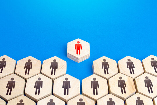 Red man comes out of structure of people. Integrity violation, non-conformist. Dismissal. Dismissal from the company. Expulsion from society. Different from others. Overflow. Exit, leave, renounce.