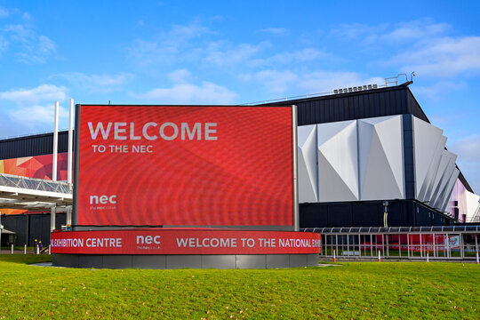 Birmingham, England - December 2019: "Welcome to the NEC" on a giant LED screen outside the entrance to the Birmingham National Exhibition Centre.