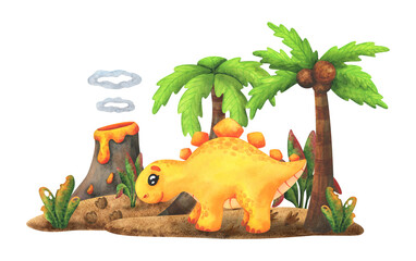 Yellow stegosaurus stands on an island with a volcano and a palm tree. Cartoon dinosaur. Children's watercolor illustration, isolated on a white background. Composition with an animal character © Анна Сухова
