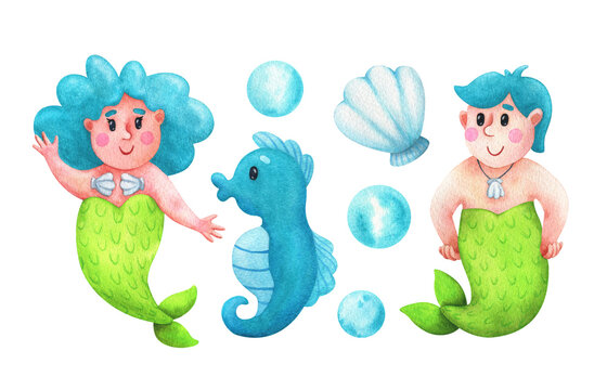 mermaid and a newt with blue hair, a seahorse, a shell, bubbles. A set of watercolor children's illustrations of a fairy-tale character. Cartoon style. Stock image isolated on a white background.