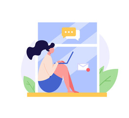 Freelance Concept. Freelancer woman working at home and earning money remotely. Global outsourcing, remote working and home office. Work chat. Vector illustration for web design