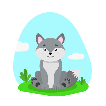 cute gray wolf cub on a beautiful background. cartoon character for fairy tales