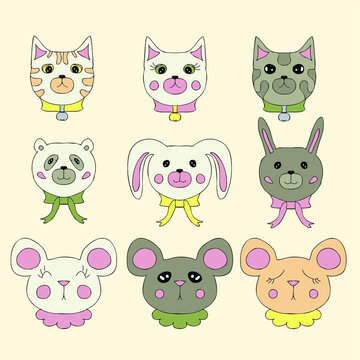 Colorful doodle pattern of cute little animal faces. Cartoon style. Hand drawn vector illustration. Design for T-shirt, textile and prints.
