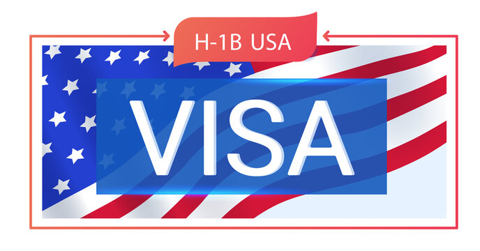 H-1B visa, for hiring foreign specialists. On the background of the American flag. Horizontal banner for articles.