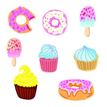 Set of cupcakes, donuts and cake pops. vector illustration
