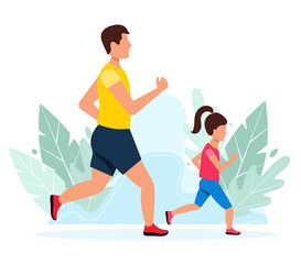 Running family - Father and daughter. Summertime sport activity with family. Active and healthy lifestyle.  Flat style vector illustration. Men with a little girl, background with leaves. 
