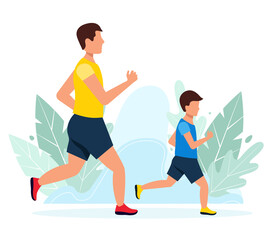 Running family - Father and son. Summertime sport activity with family. Active and healthy lifestyle.  Flat style vector illustration. Men with a little boy, background with leaves. 