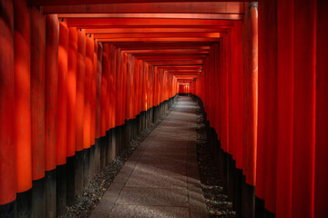 Fushimi Inari Taisha, thousands of red torii gates at Japanese Shinto shrine, Fushimi-ku, Kyoto, Japan.