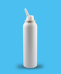 white jar with nasal spray, sea water for cleansing. isolated on blue