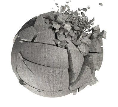 Bola o esfera de piedra o cemento rota aislada en blanco. Trozos y fragmentos después de colisión