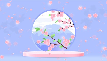 3d podium near japanese sakura, Fujiyama, vector illustration. Japan scene with green leaves, pink flowers at blue background.