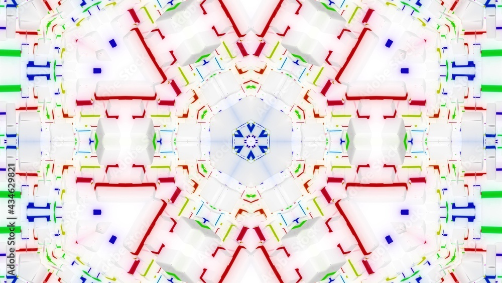Poster 3d render. abstract white science fiction background. symmetrical geometric pattern like mandala wit