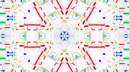 Fototapeta na wymiar 3d render. Abstract white science fiction background. Symmetrical geometric pattern like mandala with multi-colored inserts on matt white glass. Pattern like sci-fi sketch. Creative design bg.