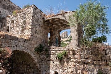 Fototapeta na wymiar Ruins of buildings in Lifta, a depopulated Palestinian Arab village on the outskirts of Jerusalem. National nature reserve Lifta. A high-rise building of the modern Jerusalem on the background