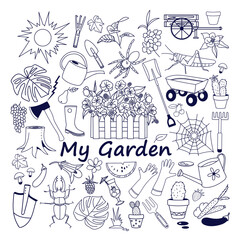 Vector gardening doodle set, hand drawn isolated design of gardening elements.