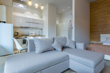 Interior photography luxury kitchen studio in loft style room in white, with kitchen furniture luxury
