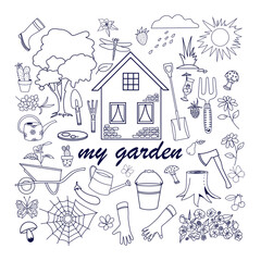 Obraz premium Vector gardening doodle set, hand drawn isolated design of gardening elements. Insects, vegetables, fruits, and gardening tool