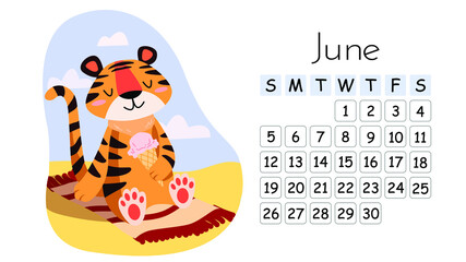 Horizontal desktop children's calendar design template for June 2022, the year of the Tiger in the Chinese calendar. Cute tiger sunbathing on the beach with ice cream. The week starts on Sunday.