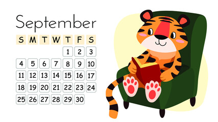 Horizontal desktop children's calendar design for September 2022, the year of the Tiger in the Chinese calendar. Cute tiger reading a book while sitting in a green armchair. The week starts on Sunday