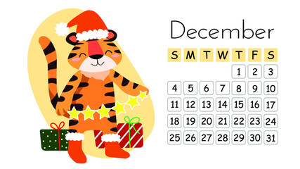 Fototapeta premium Horizontal desktop children's calendar design for December 2022, the year of the Tiger in the Chinese calendar. Cute tiger in santa costume with garland and gifts. Christmas. Vector illustration