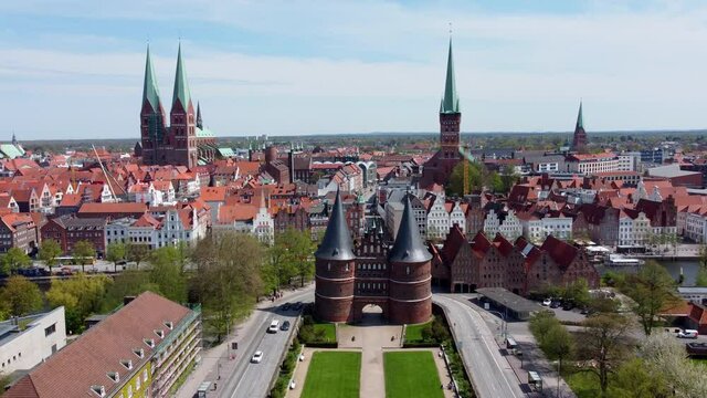 Famous Holsten Gate in the city of Lubeck Germany - aerial photography
