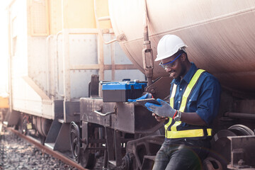 African machine engineer technician wearing a helmet, groves and safety vest is using a wrench to repair the train with using tablet