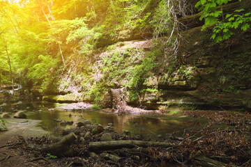 Oglesby, Illinois, USA - May 16th, 2021. Forest trail. Scenic panoramic view of the Canyon in National Park. Mountain hiking trail.