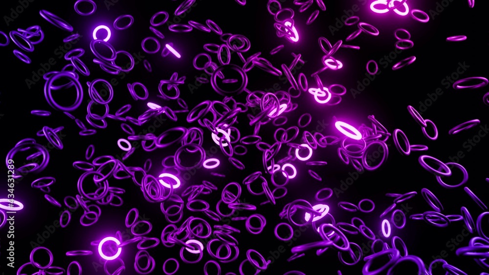 Aufkleber 3d render. abstract festive background with rows of toruses or rings on plane flashing neon blue red