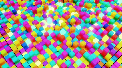 3d abstract simple geometric background with multicolor cubes flash neon light. Cubes form a flat structure. Creative simple motion design bg with 3d objects. 3d render