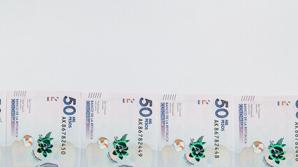 colombian money, fifty thousand pesos on white background