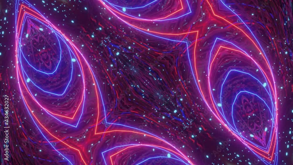 Poster moving neon glowing three-dimensional kaleidoscope patterns and ornaments. looped animation. 3d rend