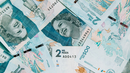 colombian money, two thousand pesos on white background