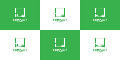 Letter p l f square grass logo template