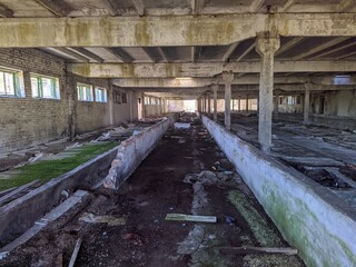 Fototapeta na wymiar old ruined and abandoned farm inside view