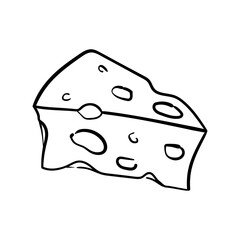 Doodle icon depicting a triangular piece of cheese. Black and white vector illustration.