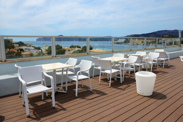 The sea view outdoor restaurant at luxury hotel, Mallorca, Spain - 434633829
