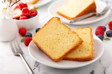 Traditional vanilla pound cake baked in a bundt pan