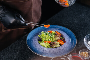 A professional chef prepares a delicious fresh salad of green vegetables and juicy veal in a modern...