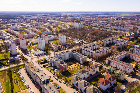 Aerial view of modern residential areas of Polish city of Leszno in sunny spring day