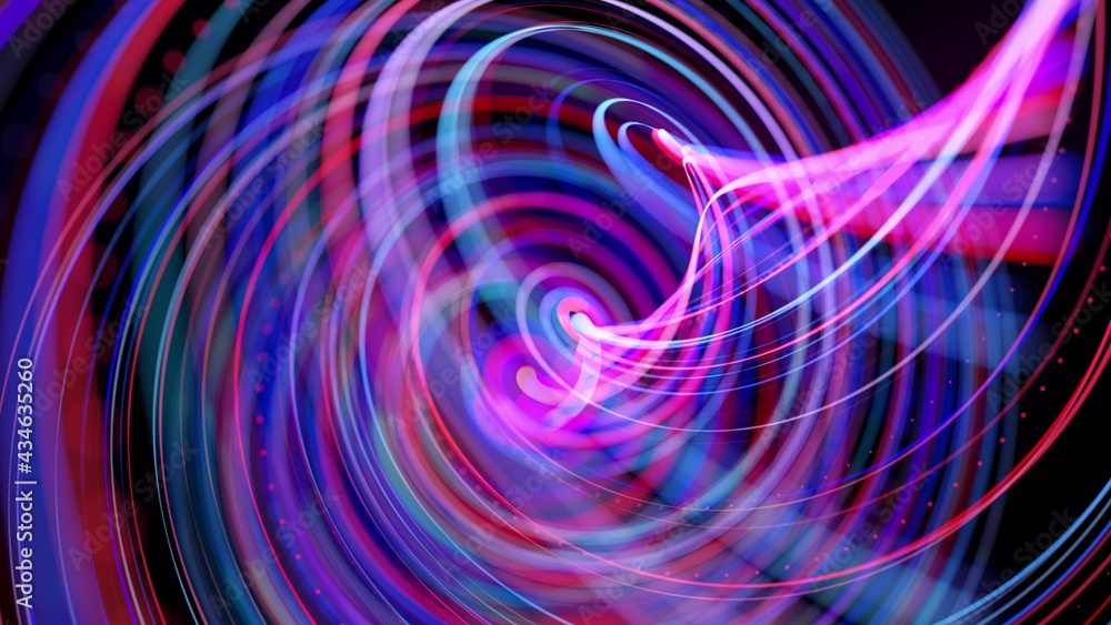 Poster abstract background with light trails, stream of red blue neon lines in space form spiral shapes. mo