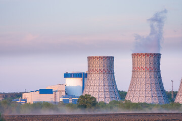 Nuclear power plant production clean energy from source renewable energy. Industrial zone with...
