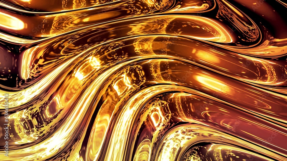 Poster abstract background with wavy sparkling golden liquid pattern on shiny glossy surface. viscous yello